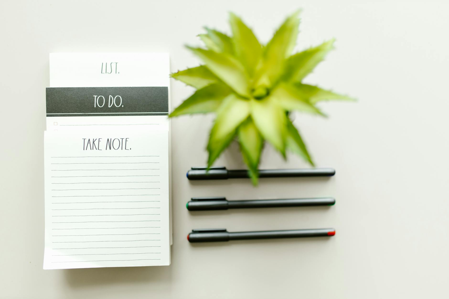 Flat lay view of a to-do list, black pens, and a potted plant for productivity inspiration. (Photo by RDNE Stock project on Pexels)