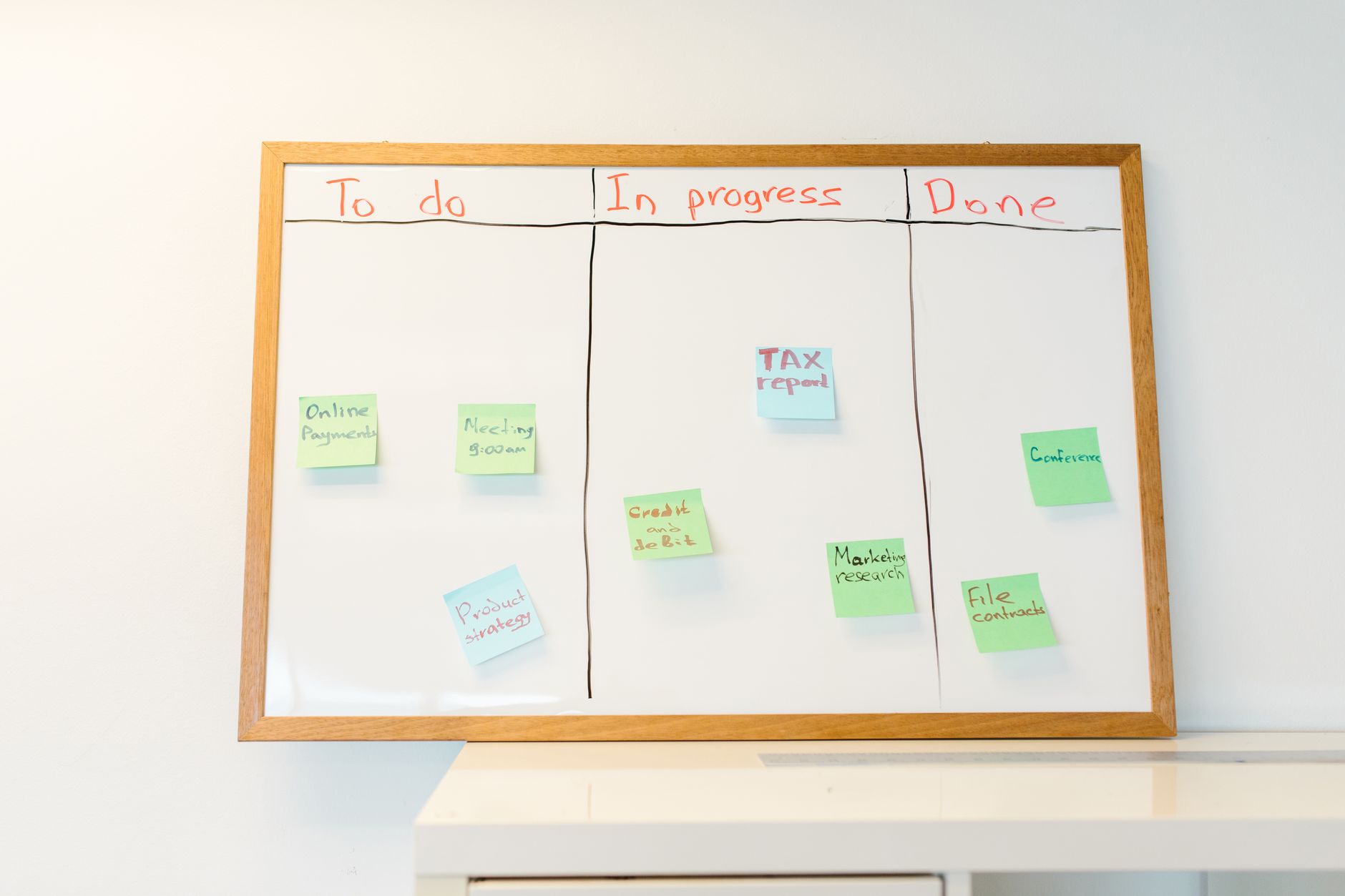 A whiteboard with colorful sticky notes organized into to-do, in-progress, and done categories, i... (Photo by RDNE Stock project on Pexels)